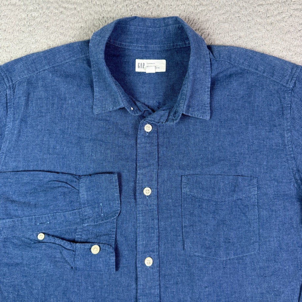 Gap Shirt Mens Large Blue Solid Linen Blend Long Sleeve Button Up Summer